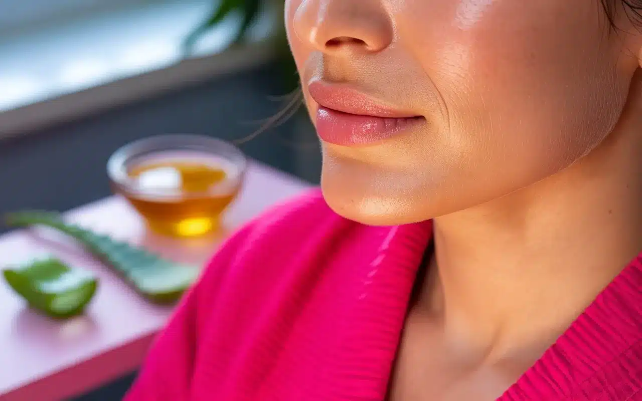 Close-up of a woman with smooth lips, a slight smile, and healthy skin, wearing a pink robe with aloe vera leaves and a bowl of oil in the background, promoting natural skincare for lip care and wrinkle reduction, featuring "How to Get Rid of Vertical Lip Lines Naturally."