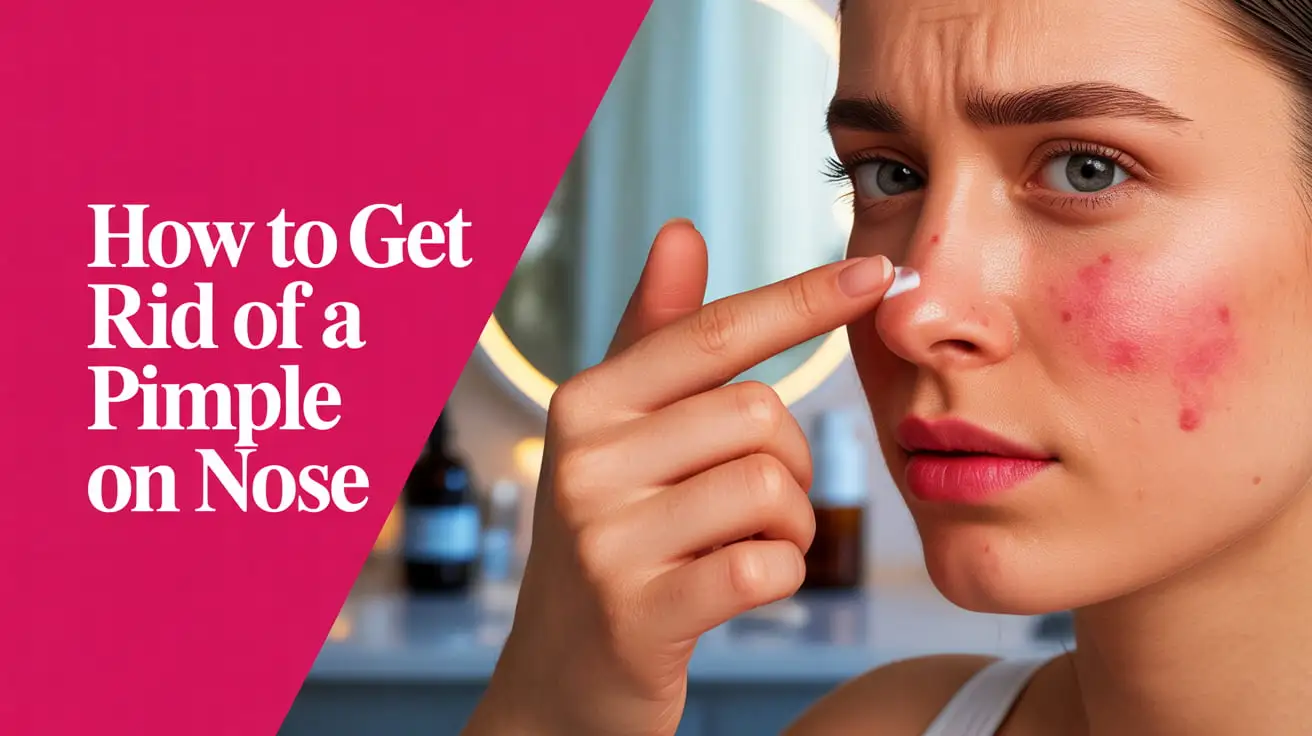 Woman applying cream to a pimple on nose in a bathroom mirror with a focus on skincare for acne treatment.