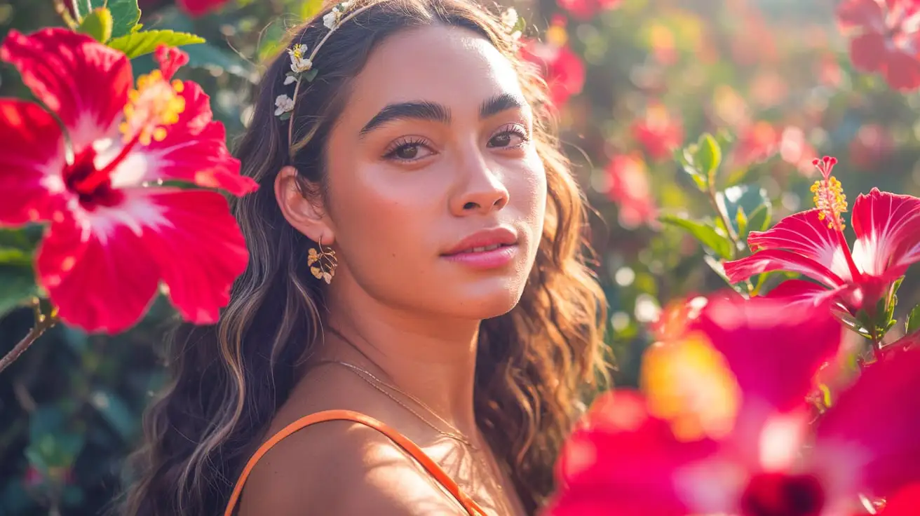 A light skin woman with curly hair, wearing a flower crown, poses gently amidst vibrant red hibiscus flowers, capturing a serene and natural beauty.
