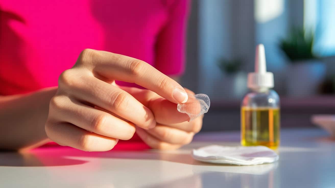 Person using a cotton pad with oil to remove super glue off skin